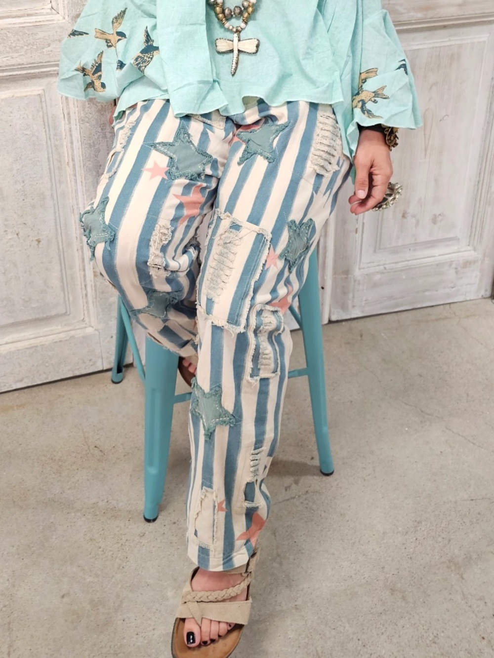 0138 A Rare Bird Cotton Star Patchwork Striped Straight Leg Denim Pants